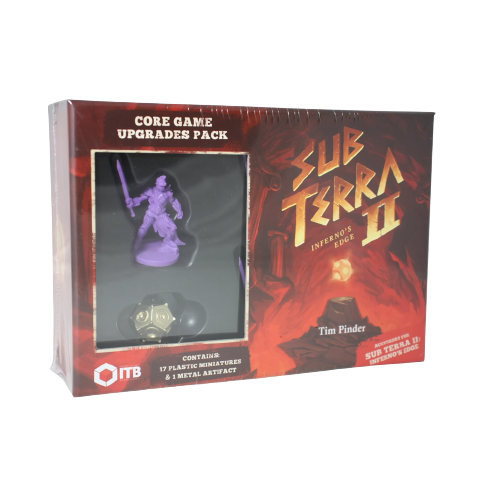 The Sub Terra II: Inferno's Edge Core Game Upgrades Pack by Inside the Box Board Games LLP features premium character miniatures and a metal artifact, all showcased with the bold game title on a fiery red background.