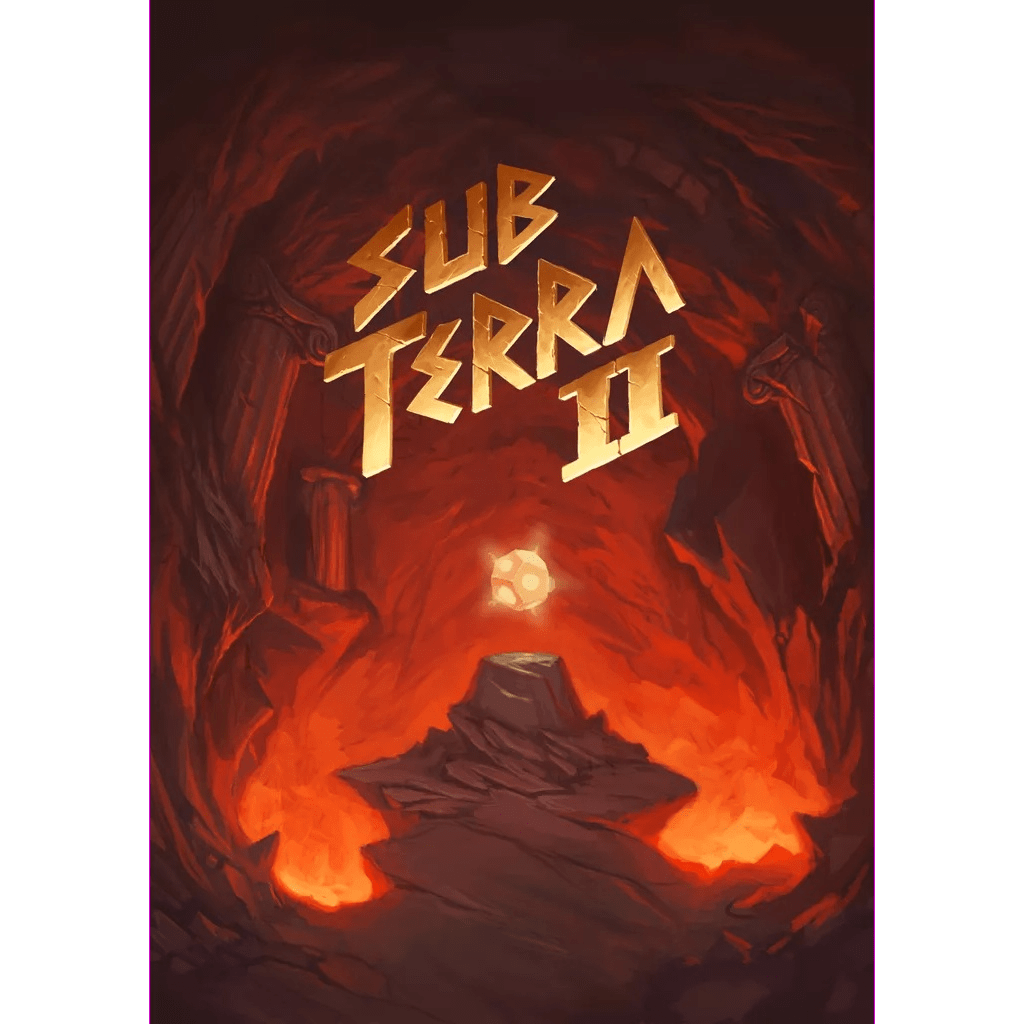 A glowing artifact rests on a stone pedestal in a fiery underground cavern. Above, the bold title Sub Terra II: Inferno’s Edge from Inside the Box Board Games (ITB) is displayed in large, stylized gold letters.