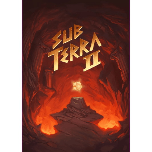 A glowing artifact rests on a stone pedestal in a fiery underground cavern. Above, the bold title Sub Terra II: Inferno’s Edge from Inside the Box Board Games (ITB) is displayed in large, stylized gold letters.