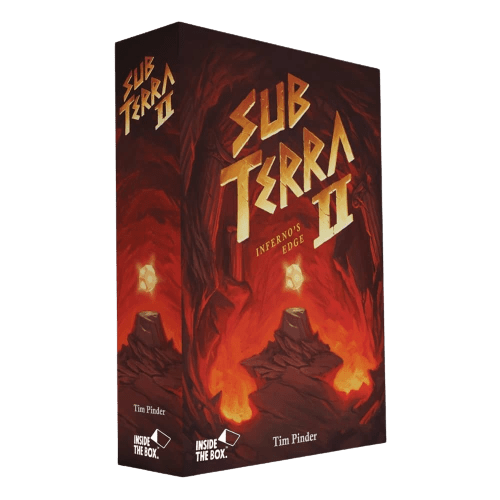 The image shows the game box for Sub Terra II: Inferno's Edge – Typhaon Wakes Expansion by Inside the Box Board Games LLP (ITB), featuring fiery cave artwork, bold yellow title text, and the ITB logo at the bottom.