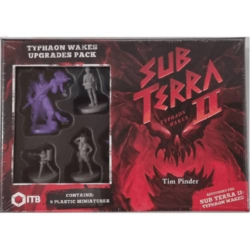 Box for Sub Terra II: Inferno's Edge – Typhaon Wakes Upgrade Pack by Inside the Box Board Games LLP, with 5 purple miniatures displayed left, fiery title art and Tim Pinder on right. Packaging notes 9 plastic miniatures inside.