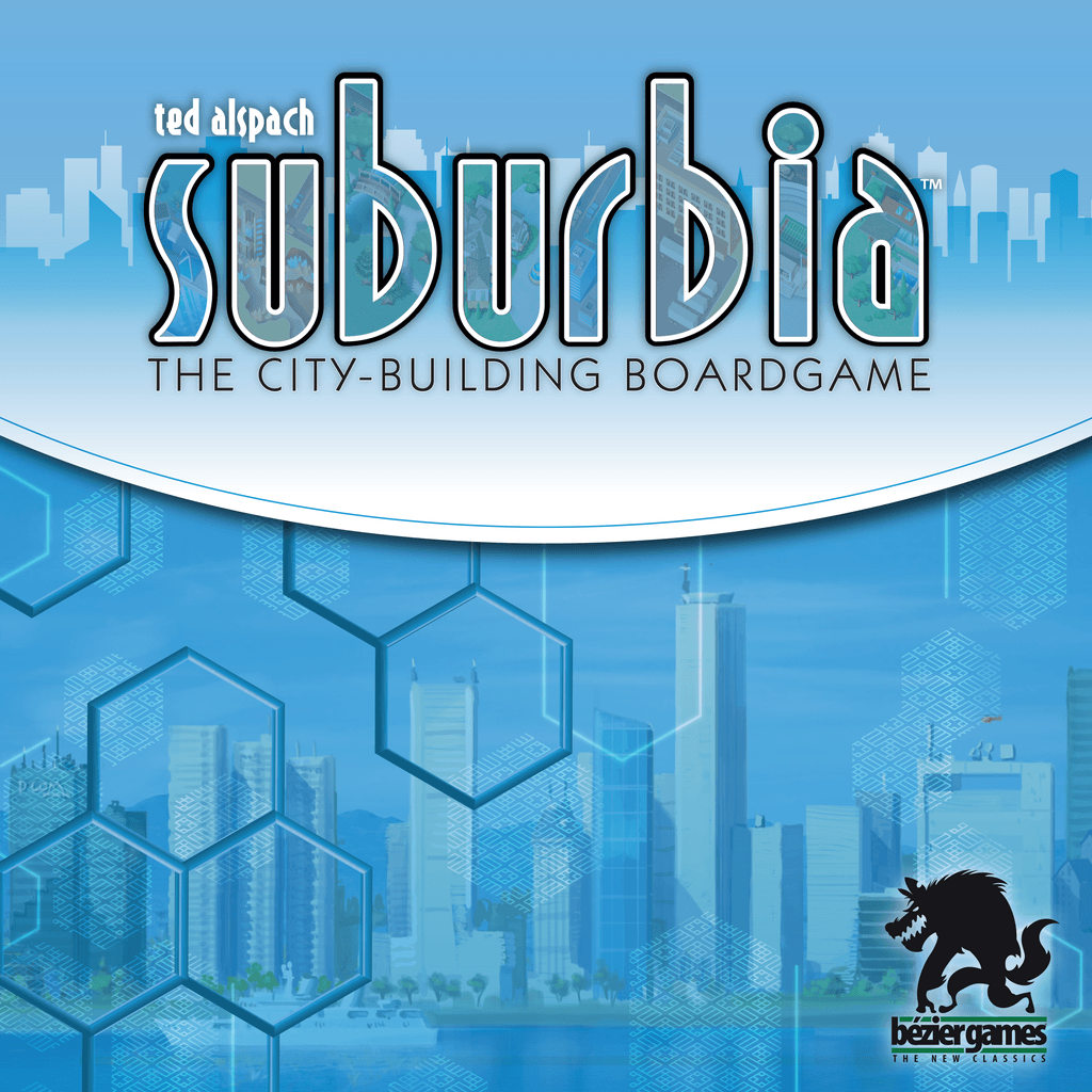 Cover art for Suburbia Second Edition, a city-building tile game by Bezier Games, featuring a city skyline, geometric hexagons, the title in bold letters, and the Bezier Games howling wolf logo at the bottom right.