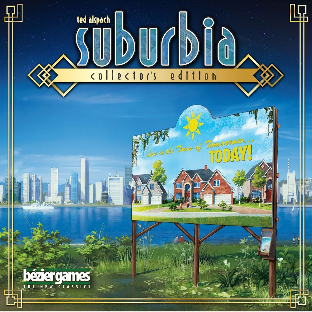 A city skyline rises across a river from modern homes, overlooked by a billboard reading "Live in the Town of Tomorrow… TODAY!" This gold-framed image appears in Bezier Games' Suburbia Collector’s Edition strategic board game.