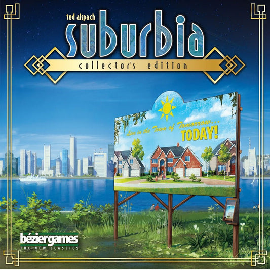 A city skyline rises across a river from modern homes, overlooked by a billboard reading "Live in the Town of Tomorrow… TODAY!" This gold-framed image appears in Bezier Games' Suburbia Collector’s Edition strategic board game.