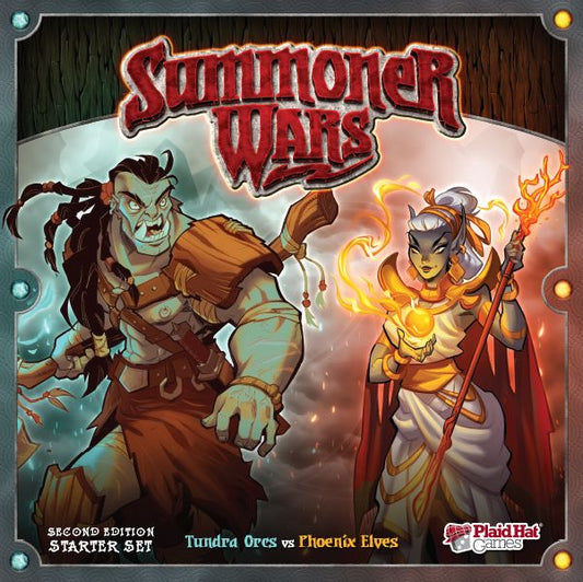 The box art for Plaid Hat Games' Summoner Wars (Second Edition): Starter Set shows a blue-skinned orc warrior with a glowing axe battling a fiery-robed elf mage, with "Tundra Orcs vs Phoenix Elves" on the cover.