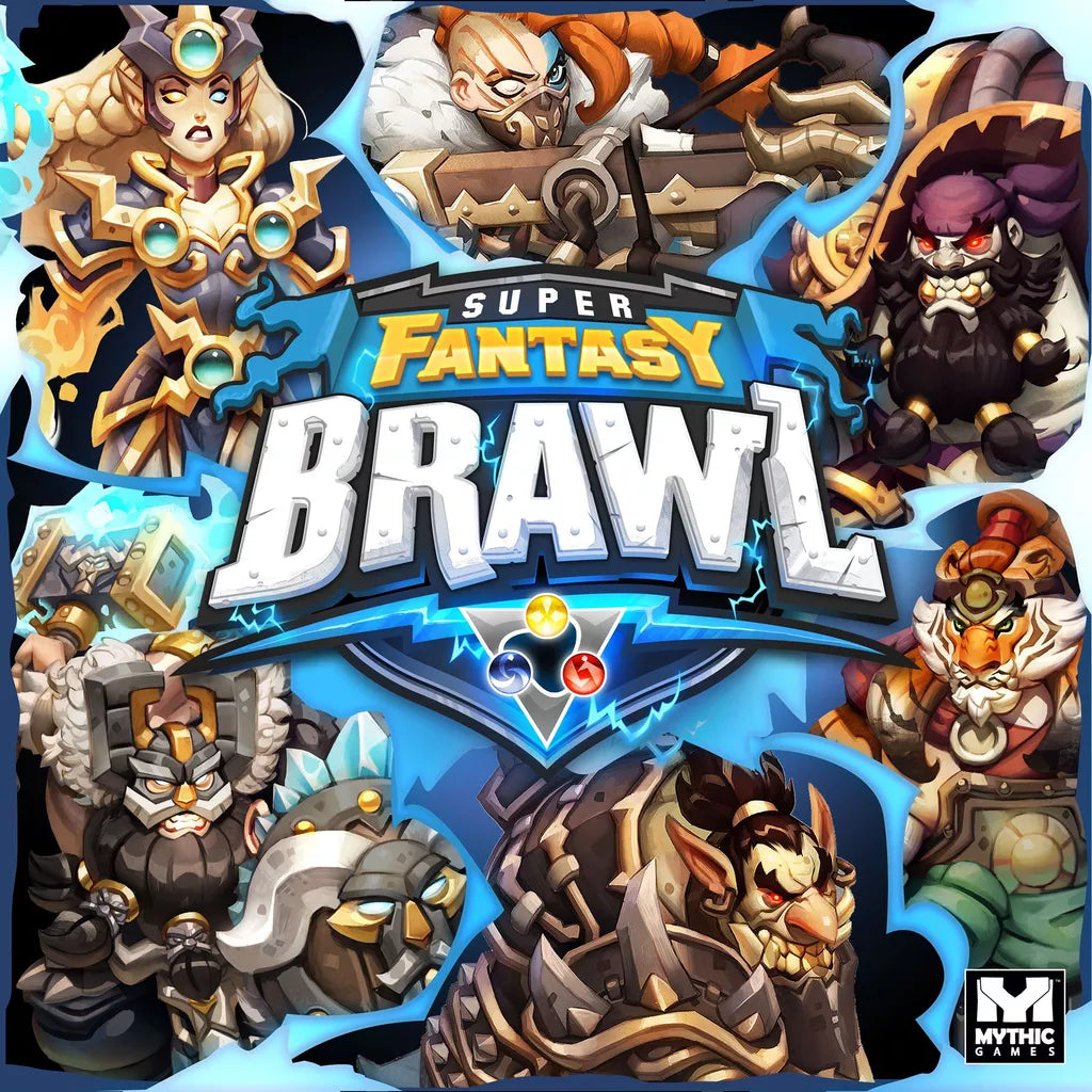 The Super Fantasy Brawl box by Mythic Games showcases six armored fantasy characters in dynamic poses around the bold title, with the Mythic Games logo in the bottom right corner.