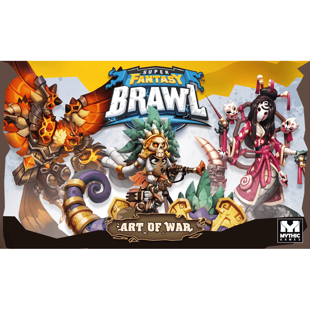 The box art for Super Fantasy Brawl: Art of War Expansion by Mythic Games features three vibrant Champions in dynamic poses, with the game logo above and the Mythic Games logo in the bottom right corner.