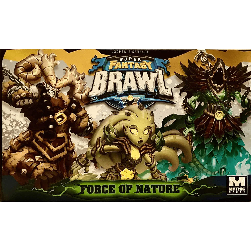 The box art for Super Fantasy Brawl: Force of Nature Expansion by Mythic Games features three nature-powered Champions in mystical armor, highlighted by the game's logo and brand over a magical backdrop.