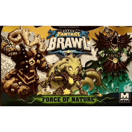 The box art for Super Fantasy Brawl: Force of Nature Expansion by Mythic Games features three nature-powered Champions in mystical armor, highlighted by the game's logo and brand over a magical backdrop.