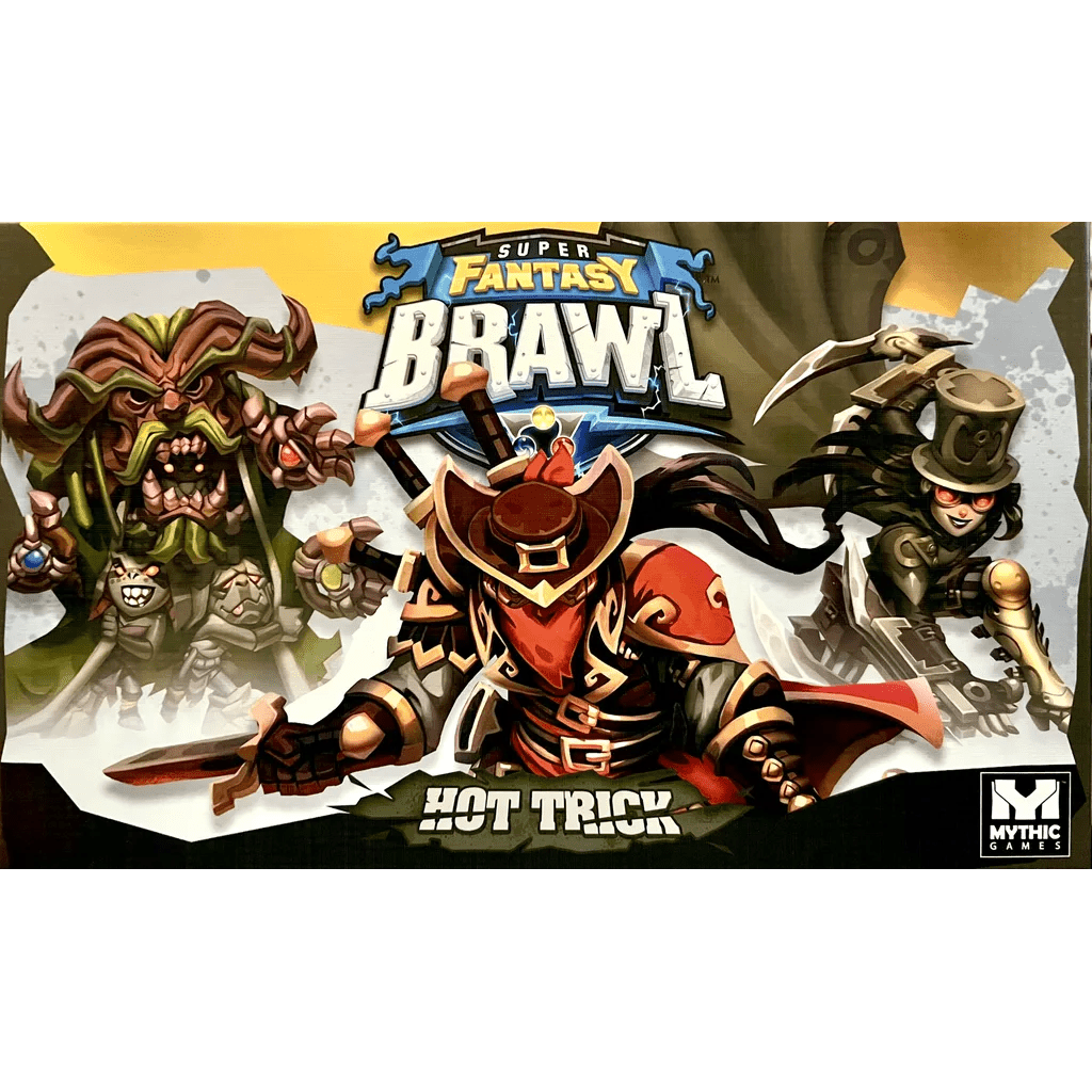 Box art for Mythic Games’ Super Fantasy Brawl: Hot Trick Expansion shows three fantasy characters—a plant monster, a duelist Musketeer cowboy, and a steampunk sharpshooter—striking dramatic poses under the game's logo.
