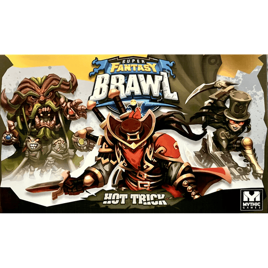 Box art for Mythic Games’ Super Fantasy Brawl: Hot Trick Expansion shows three fantasy characters—a plant monster, a duelist Musketeer cowboy, and a steampunk sharpshooter—striking dramatic poses under the game's logo.