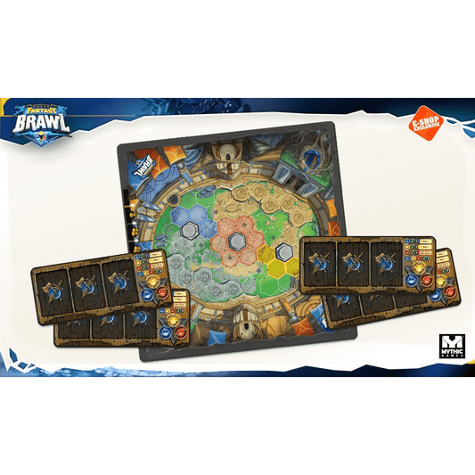 Super Fantasy Brawl: Neoprene Kit by Mythic Games features a vibrant circular neoprene mat with hex tiles at the center and four player mats with distinct pieces and icons, all packaged in bold branding for epic 2v2 battles.