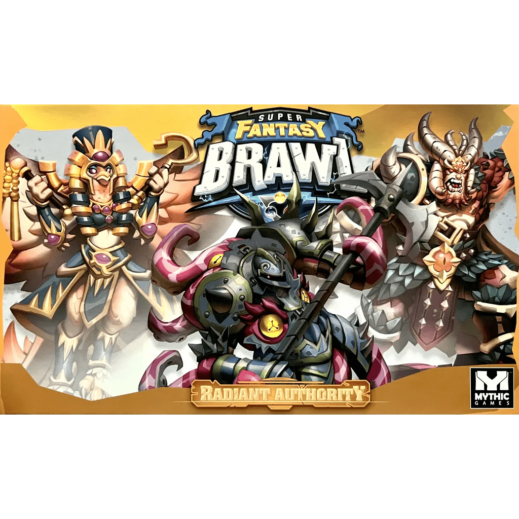 The Super Fantasy Brawl: Radiant Authority Expansion by Mythic Games showcases vibrant box art with a golden-armored hero, a horned beast warrior, and a dark-armored creature in dynamic poses.