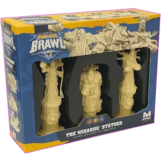 The Super Fantasy Brawl: The Wizards' Statues Expansion by Mythic Games features three detailed wizard statues in blue and yellow window packaging—an epic terrain set perfect for your arena battles.