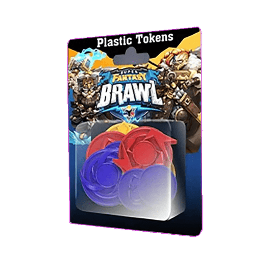 Super Fantasy Brawl: Upgraded Plastic Tokens Kit by Mythic Games includes spiral-shaped red, blue, and purple plastic tokens in packaging with vibrant fantasy-themed art.