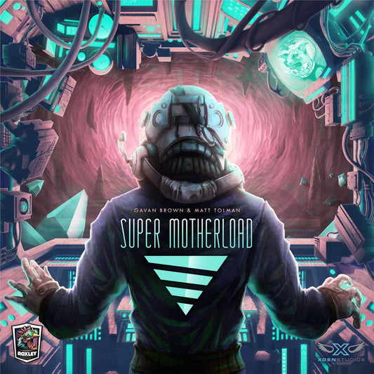 A person in a futuristic suit stands before glowing machinery and screens bathed in pink and blue, with the Roxley Games board game title Super Motherload featured prominently at the center.