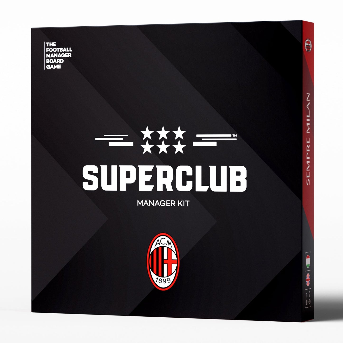 The Superclub: AC Milan Manager Kit by Superclub includes a black folder with the AC Milan logo, six white stars, “The Football Manager Board Game” in the top left corner, and "Sempre Milan" on the right edge.