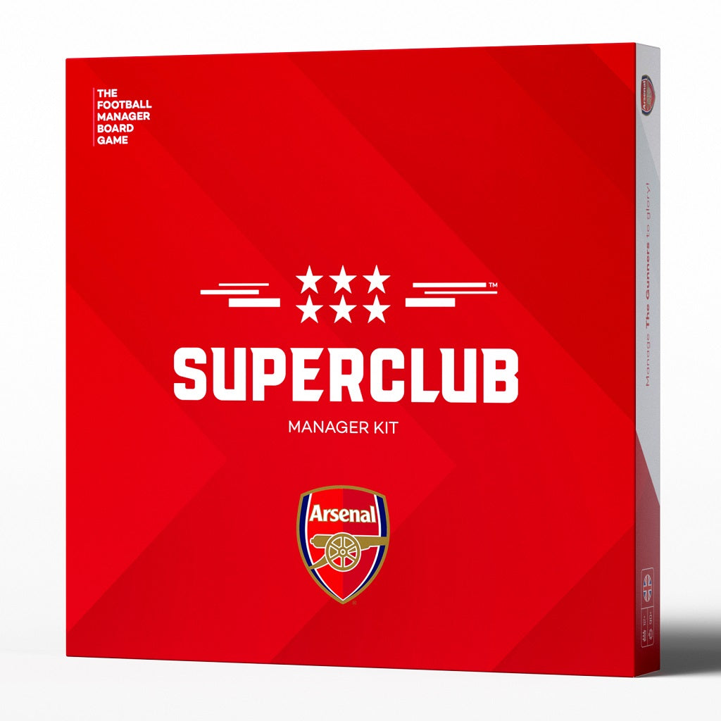 The Superclub: Arsenal Manager Kit by Superclub comes in a red box with the Arsenal football club logo, bold white text, and star details—perfect for fans who dream of managing Arsenal.
