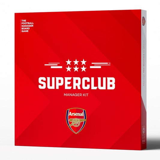 The Superclub: Arsenal Manager Kit by Superclub comes in a red box with the Arsenal football club logo, bold white text, and star details—perfect for fans who dream of managing Arsenal.
