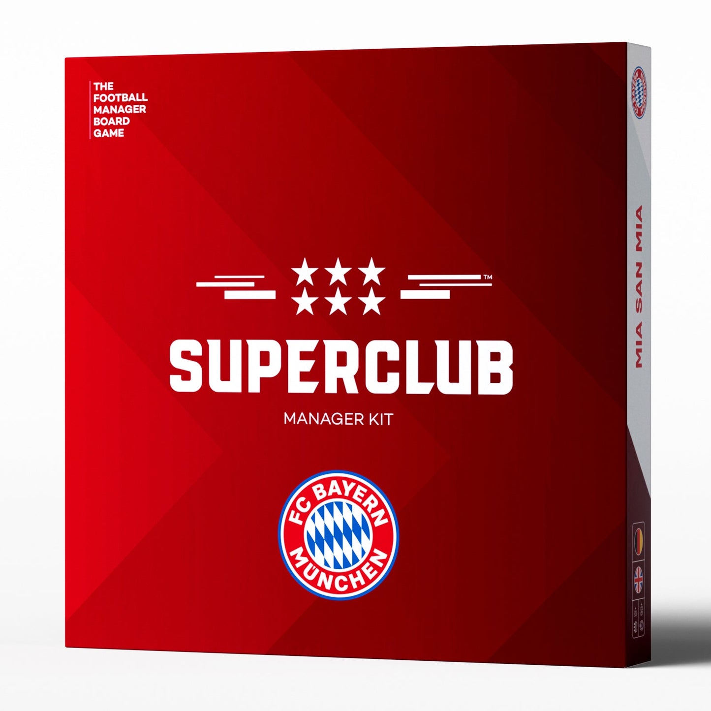 The Superclub: Bayern München Manager Kit by Superclub features a red box with the Bayern München logo, five white stars, and "Mia San Mia" on the side. Subtitle: The Football Manager Board Game—a tribute to European football excellence.