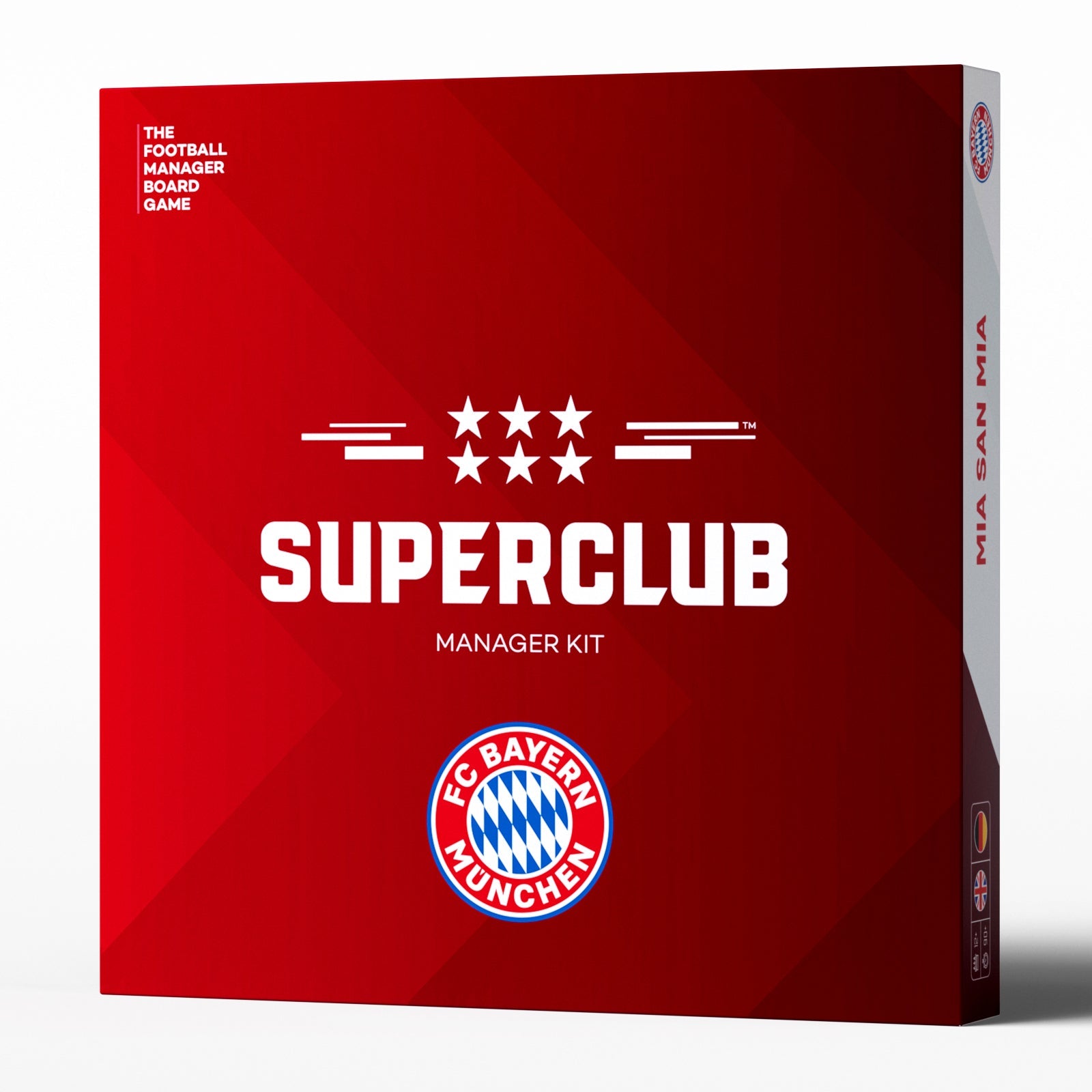 The Superclub: Bayern München Manager Kit by Superclub features a red box with the Bayern München logo, five white stars, and "Mia San Mia" on the side. Subtitle: The Football Manager Board Game—a tribute to European football excellence.