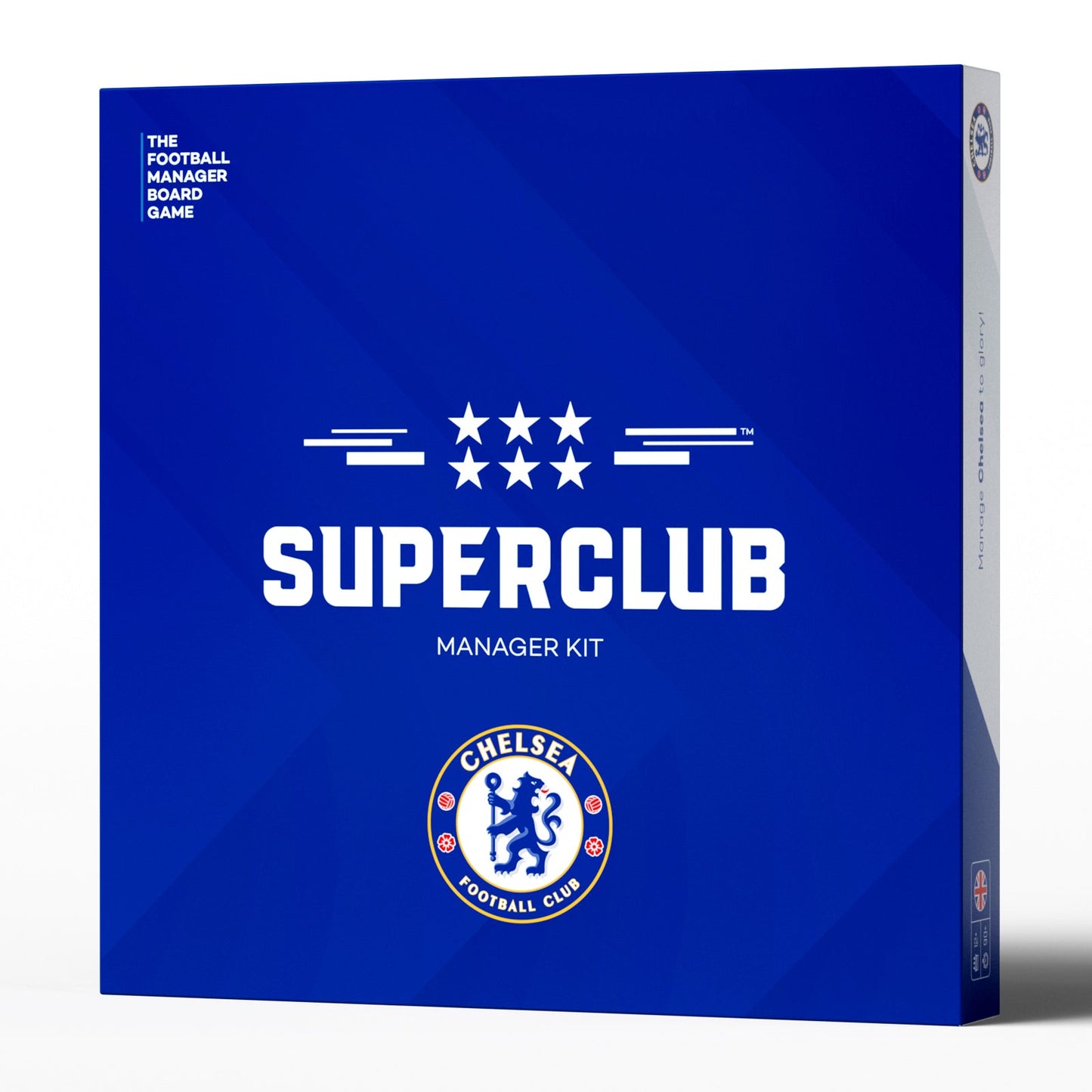 The Superclub: Chelsea Manager Kit by Superclub comes in a blue box with the Chelsea FC logo, white stars, and bold white text—an ideal addition to any Chelsea fan’s Superclub collection or manager folder.