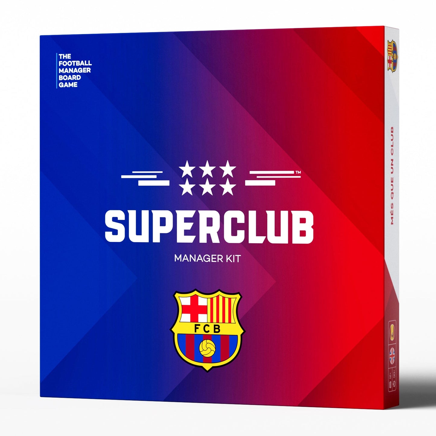 The image displays the Superclub: FC Barcelona Manager Kit by Superclub, a board game boxed in red and blue with the FC Barcelona logo—ideal for fans aspiring to win the ultimate Superclub trophy.