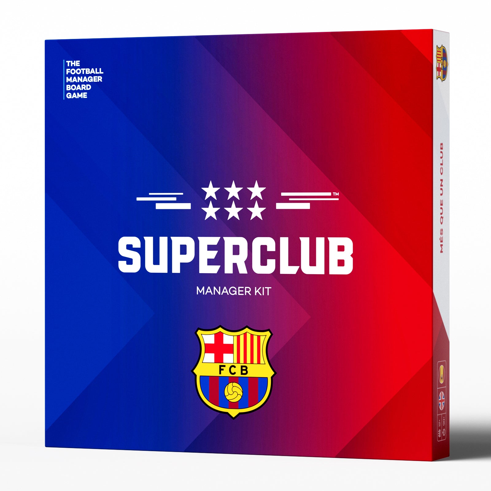 The image displays the Superclub: FC Barcelona Manager Kit by Superclub, a board game boxed in red and blue with the FC Barcelona logo—ideal for fans aspiring to win the ultimate Superclub trophy.