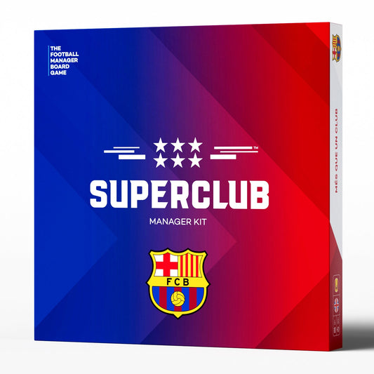 The image displays the Superclub: FC Barcelona Manager Kit by Superclub, a board game boxed in red and blue with the FC Barcelona logo—ideal for fans aspiring to win the ultimate Superclub trophy.