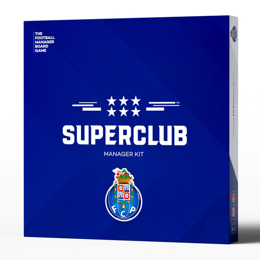 A blue Superclub box with the FC Porto logo, six stars, and “SUPERCLUB MANAGER KIT” in bold white letters, featuring a manager folder; labeled as Superclub: FC Porto Manager Kit.