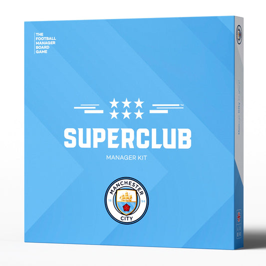 The Superclub: Manchester City Manager Kit comes in a light blue box with the Manchester City logo, six white stars, and white text. Branding appears in the top left corner—ideal for Man City managers seeking to upgrade their football skills.