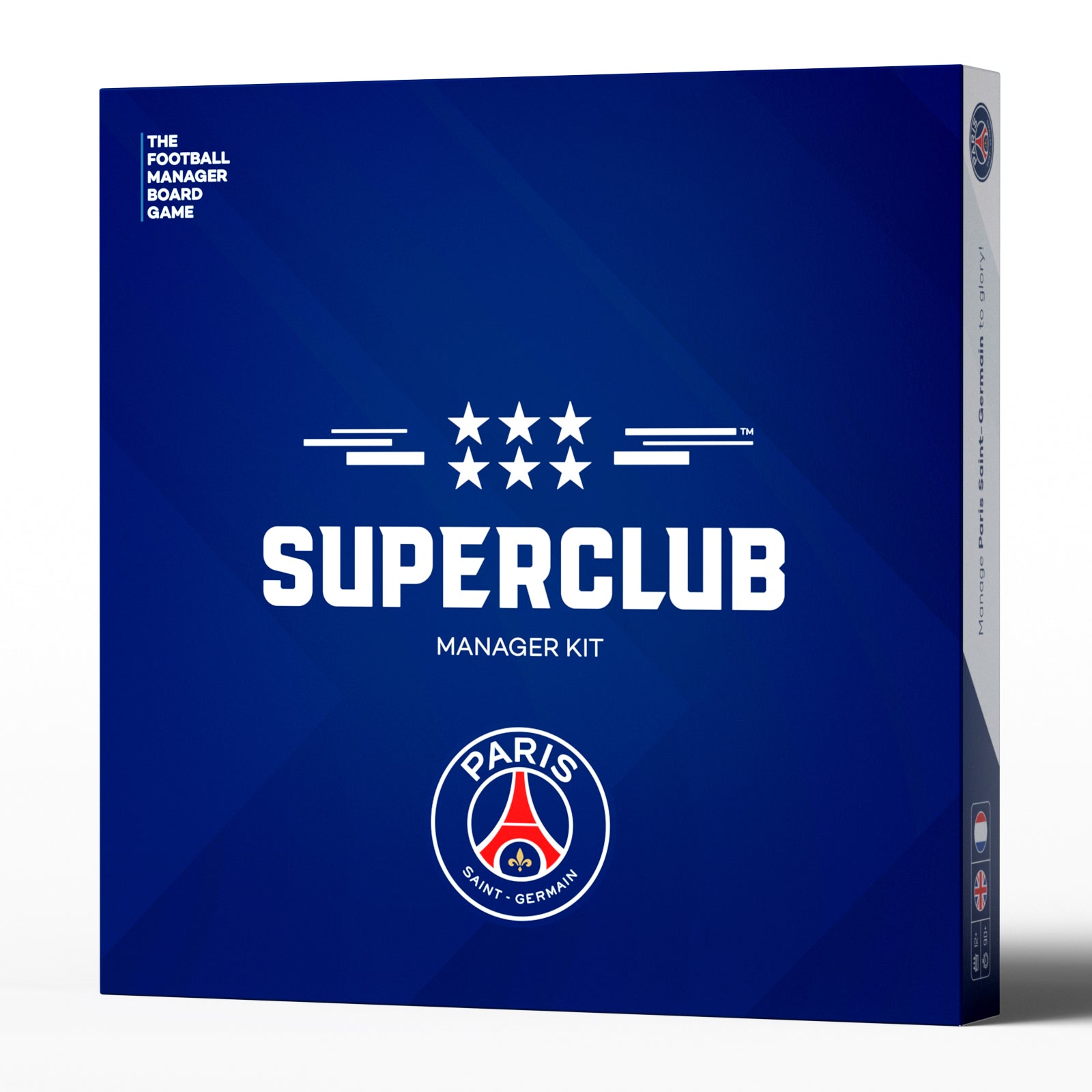 A blue Superclub: PSG Manager Kit box features the Paris Saint-Germain logo, white text, and seven stars above the title—ideal for aspiring PSG managers aiming to win a Superclub trophy.