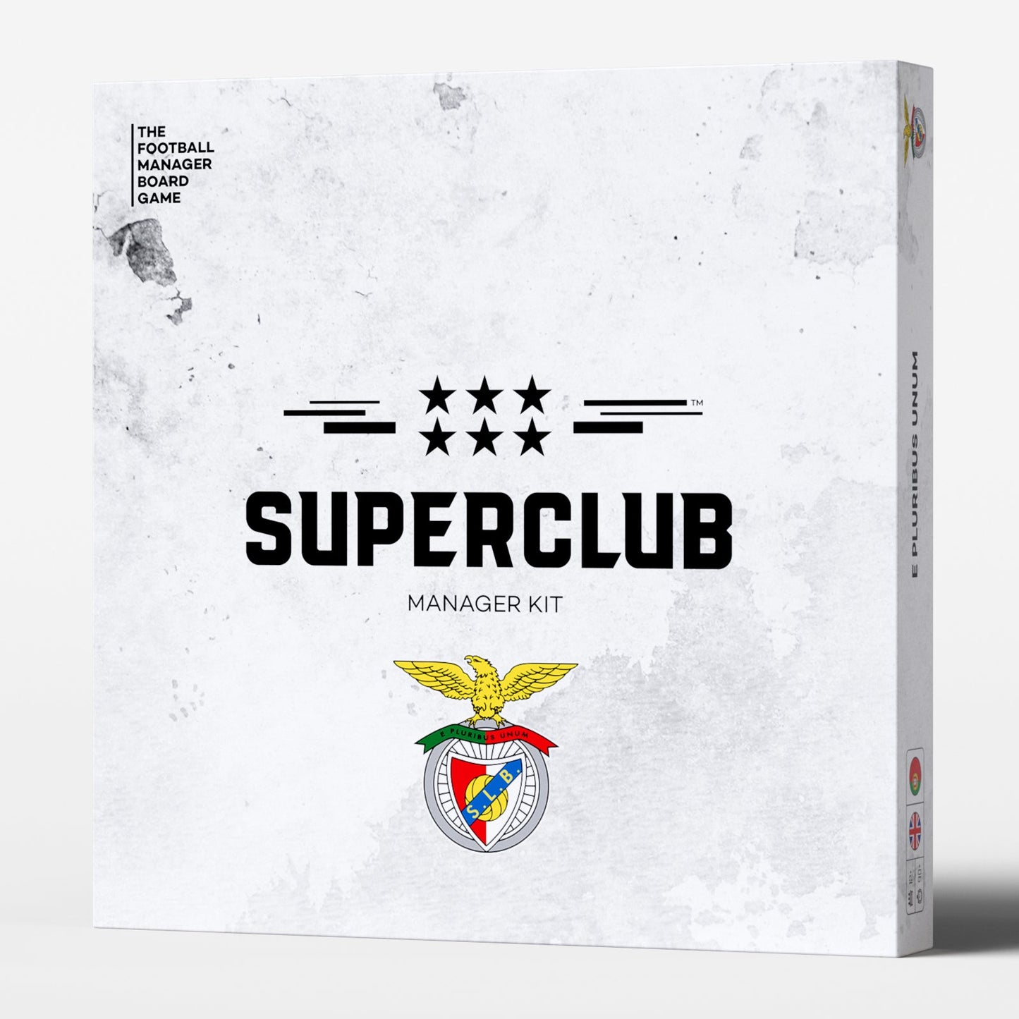 Box for the Superclub: SL Benfica Manager Kit by Superclub, showcasing the SL Benfica logo, six black stars, and a clean white background with black text—ideal for fans imagining victory at Estádio da Luz.