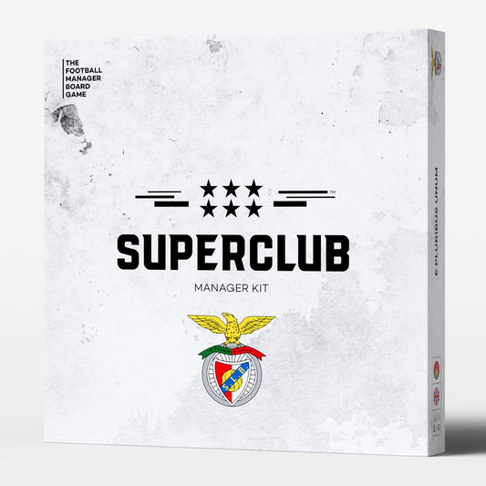 Box for the Superclub: SL Benfica Manager Kit by Superclub, showcasing the SL Benfica logo, six black stars, and a clean white background with black text—ideal for fans imagining victory at Estádio da Luz.