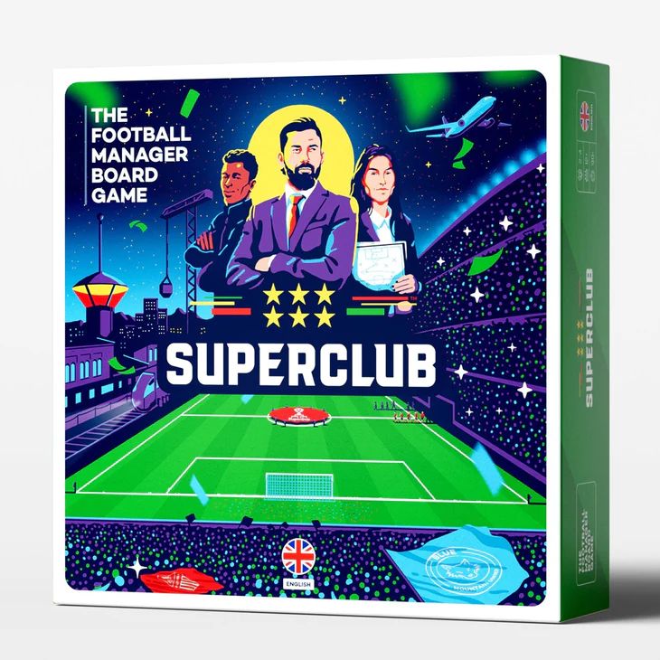 A vibrant box for Superclub: The Football Manager Board Game by Superclub features three serious managers above a glowing football stadium, with planes, confetti, and bright stadium lights in the backdrop.