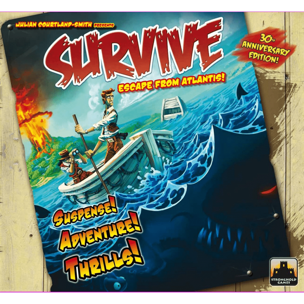 The cover of Survive: Escape from Atlantis! (30th Anniversary Edition) by Stronghold Games shows people escaping a volcano while sea creatures and a shark lurk nearby. Text reads, "Suspense! Adventure! Thrills!" A thrilling family board game.