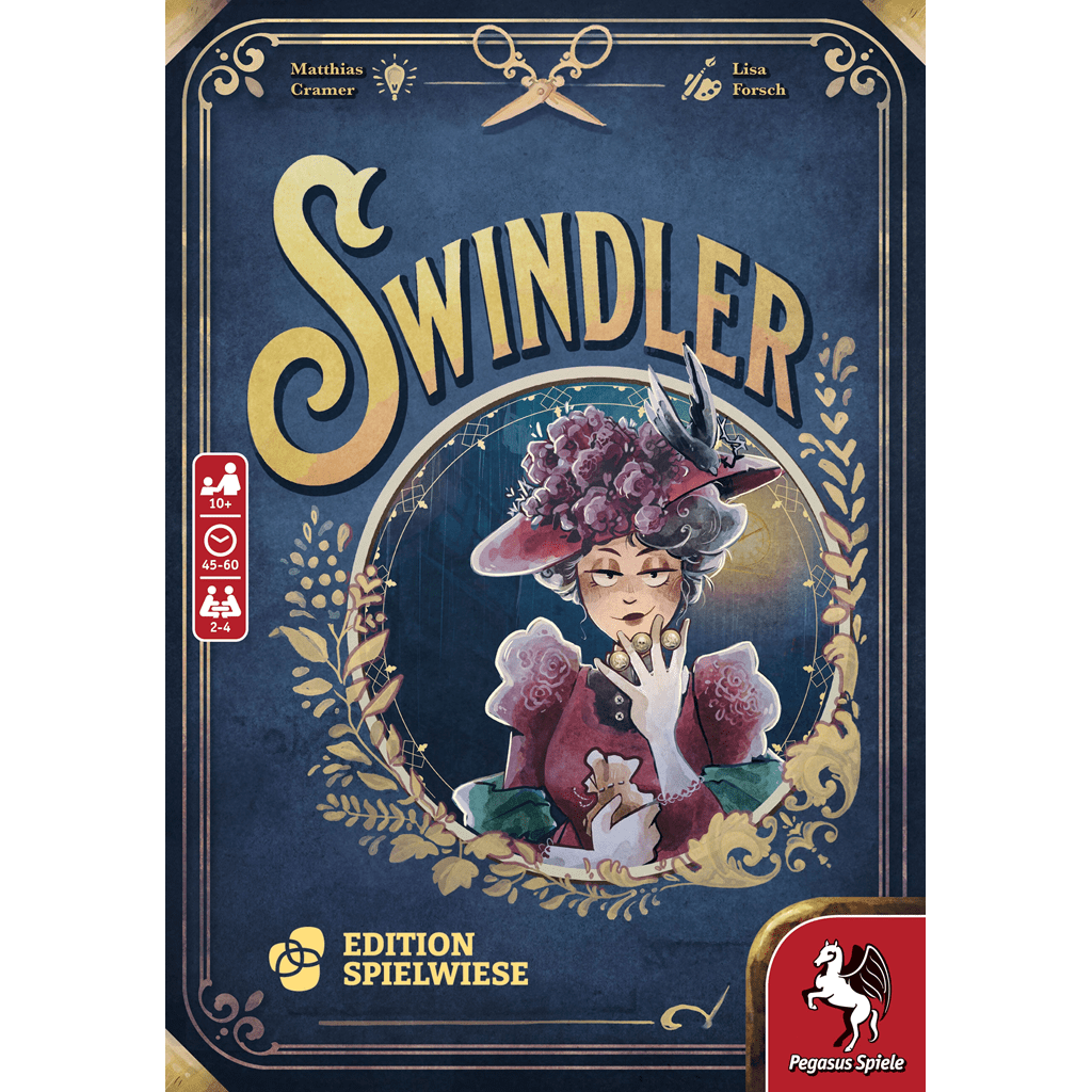 Board game box cover for Swindler by Pegasus Spiele, showing a woman in vintage attire and a large flowered hat holding playing cards. The ornate blue and gold design includes the Pegasus Spiele logo.