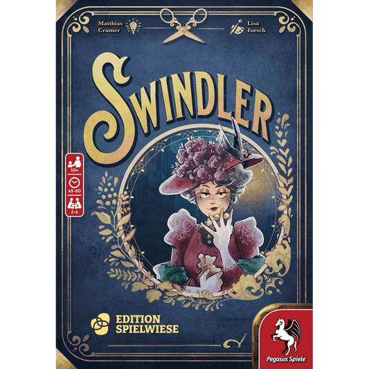Board game box cover for Swindler by Pegasus Spiele, showing a woman in vintage attire and a large flowered hat holding playing cards. The ornate blue and gold design includes the Pegasus Spiele logo.