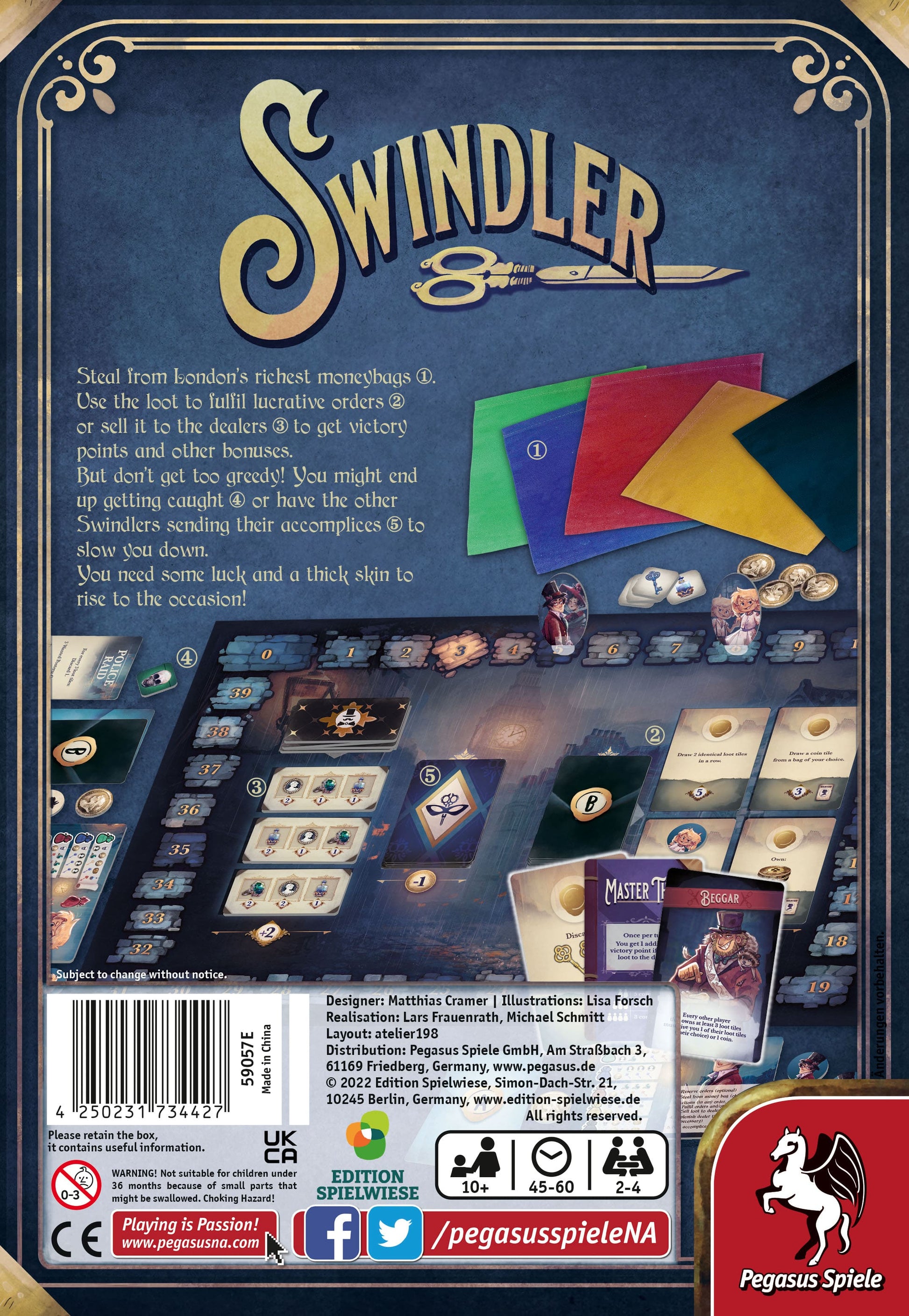 The back of Swindler by Pegasus Spiele showcases cards, coins, player boards, and tokens, with text emphasizing its press-your-luck mechanics and exciting themes of theft and strategy set in Victorian London.