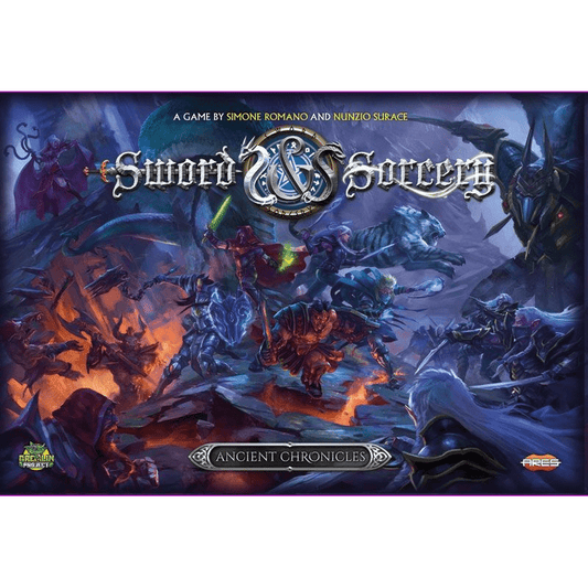 The cover art for Sword & Sorcery: Ancient Chronicles by Ares Games shows fantasy heroes fighting monsters in a dark, mystical world, showcasing the epic cooperative board game's title.