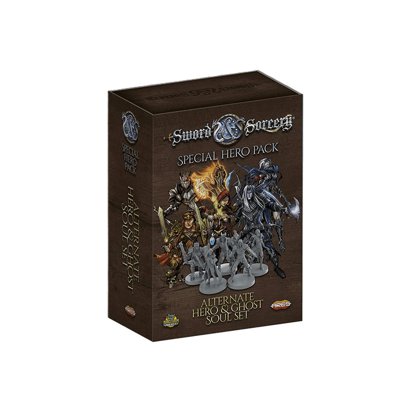 Box for Sword & Sorcery: Ancient Chronicles Alternate Hero and Ghost Souls Set by Ares Games, featuring fantasy hero art and miniatures on a dark brown background with board game logos.