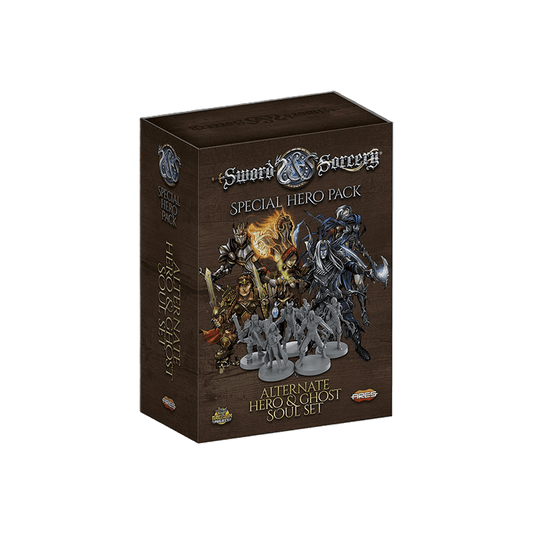 Box for Sword & Sorcery: Ancient Chronicles Alternate Hero and Ghost Souls Set by Ares Games, featuring fantasy hero art and miniatures on a dark brown background with board game logos.