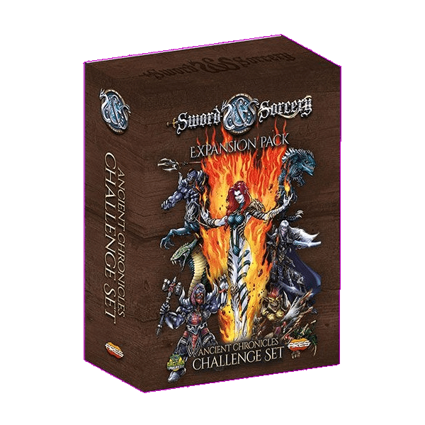 Sword & Sorcery: Ancient Chronicles Challenge Set Expansion by Ares Games features fantasy characters and creatures in dynamic poses set against a fiery background.