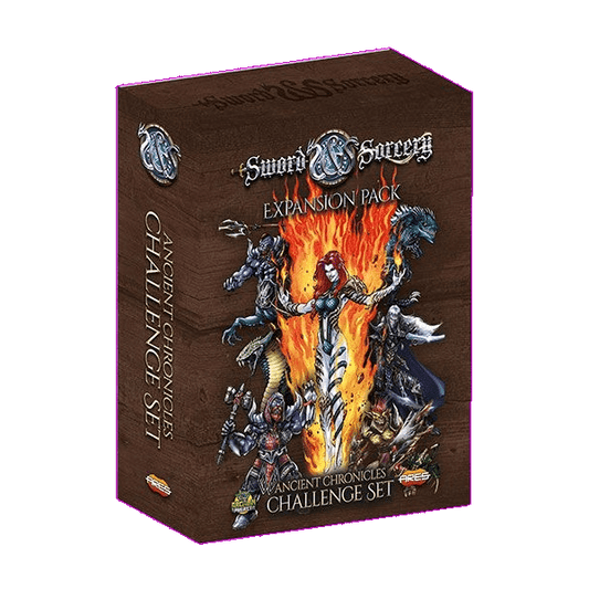 Sword & Sorcery: Ancient Chronicles Challenge Set Expansion by Ares Games features fantasy characters and creatures in dynamic poses set against a fiery background.