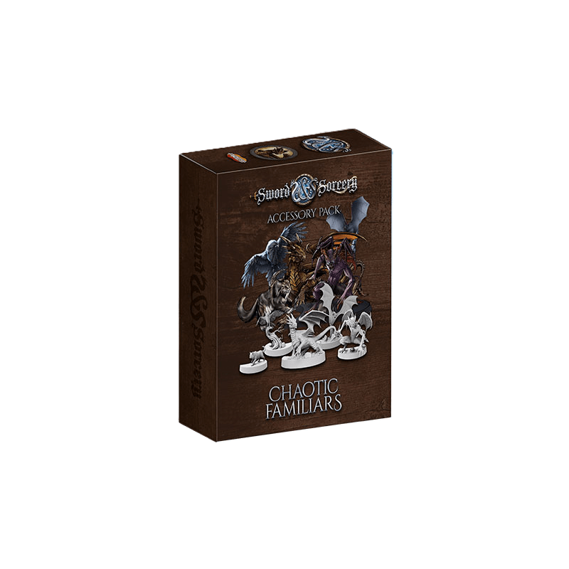 The Sword & Sorcery: Ancient Chronicles Chaotic Familiars Accessory Pack by Ares Games features illustrated fantasy creatures and miniatures on the front, all set against a dark brown background.