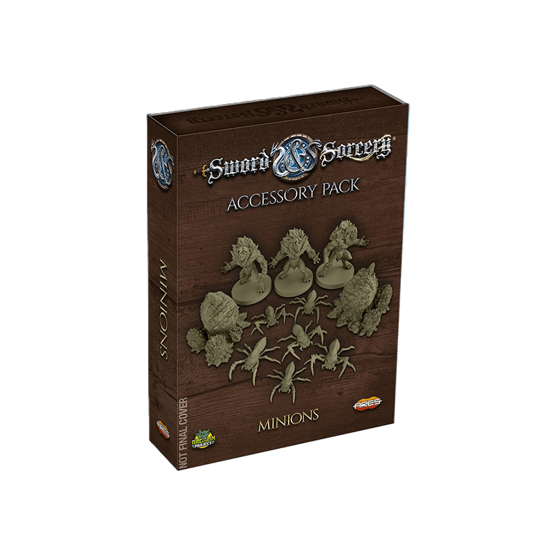 The Sword & Sorcery: Ancient Chronicles Minions Accessory Pack by Ares Games comes in a box with images of miniatures on a wood-textured background and "Not Final Cover" displayed on the side.