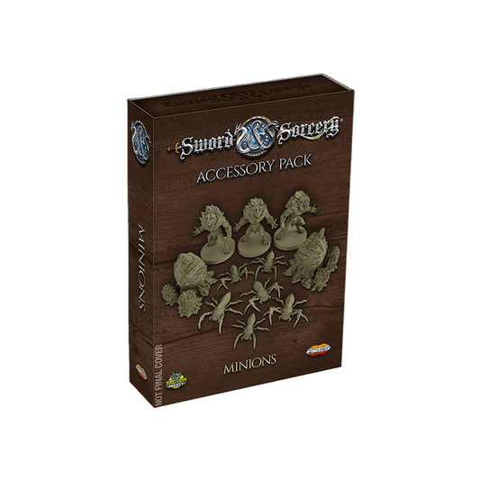 The Sword & Sorcery: Ancient Chronicles Minions Accessory Pack by Ares Games comes in a box with images of miniatures on a wood-textured background and "Not Final Cover" displayed on the side.