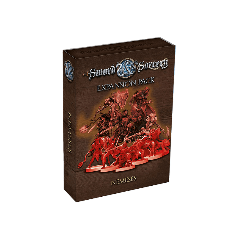 Ares Games’ Sword & Sorcery: Ancient Chronicles Nemeses Expansion Pack features fantasy artwork of unique red enemy miniatures and villain characters, all set against a dark brown background.