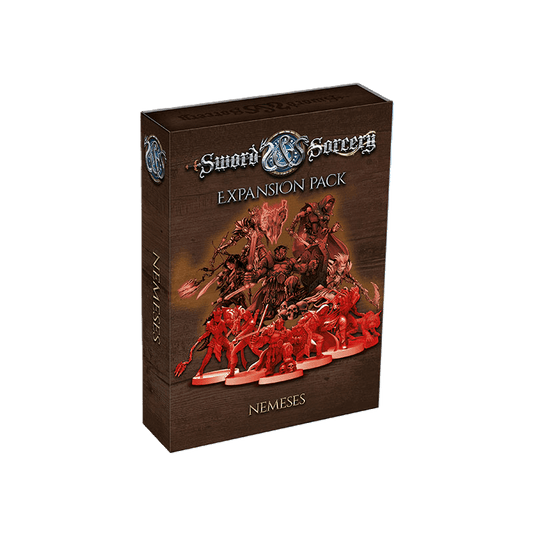 Ares Games’ Sword & Sorcery: Ancient Chronicles Nemeses Expansion Pack features fantasy artwork of unique red enemy miniatures and villain characters, all set against a dark brown background.