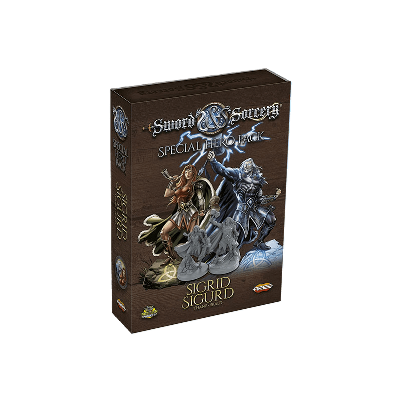 Ares Games’ Sword & Sorcery: Ancient Chronicles Sigrid/Sigurd (Thane/Skald) Hero Pack features fantasy artwork and three detailed gray miniatures.